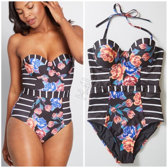 NWT ModCloth Striped Floral Convertible Swimsuit - Picture 2 of 2